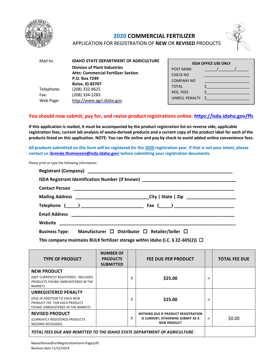 Commercial Fertilizer Application for Registration of New or Revised Products - Idaho, Page 1