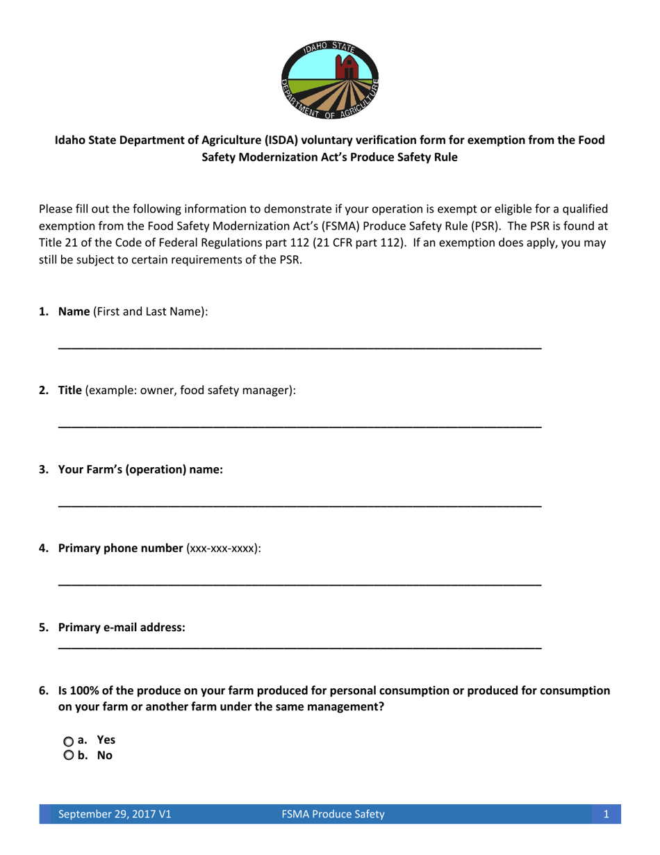 Idaho State Department of Agriculture (Isda) Voluntary Verification Form for Exemption From the Food Safety Modernization Acts Produce Safety Rule - Idaho, Page 1