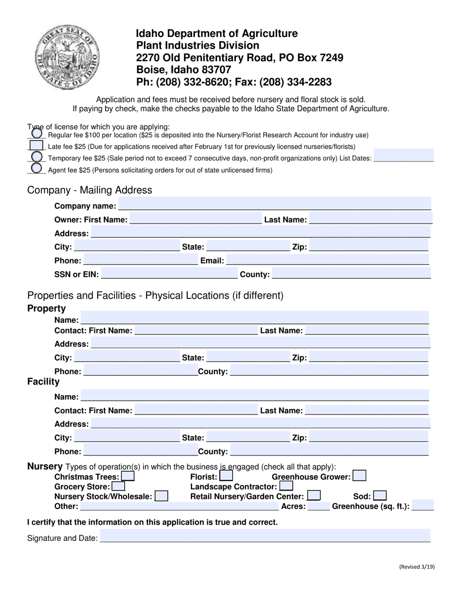 Nursery Application Form - Idaho, Page 1