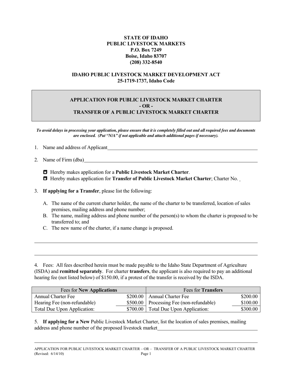 Application for Public Livestock Market Charter or Transfer of a Public Livestock Market Charter - Idaho, Page 1