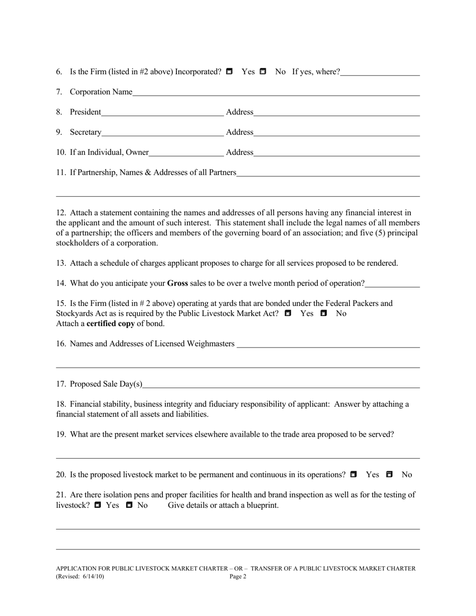 Application for Public Livestock Market Charter or Transfer of a Public Livestock Market Charter - Idaho, Page 2