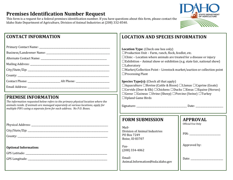 Premises Identification Number Request - Idaho, Page 1