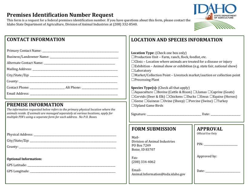 Premises Identification Number Request - Idaho Download Pdf
