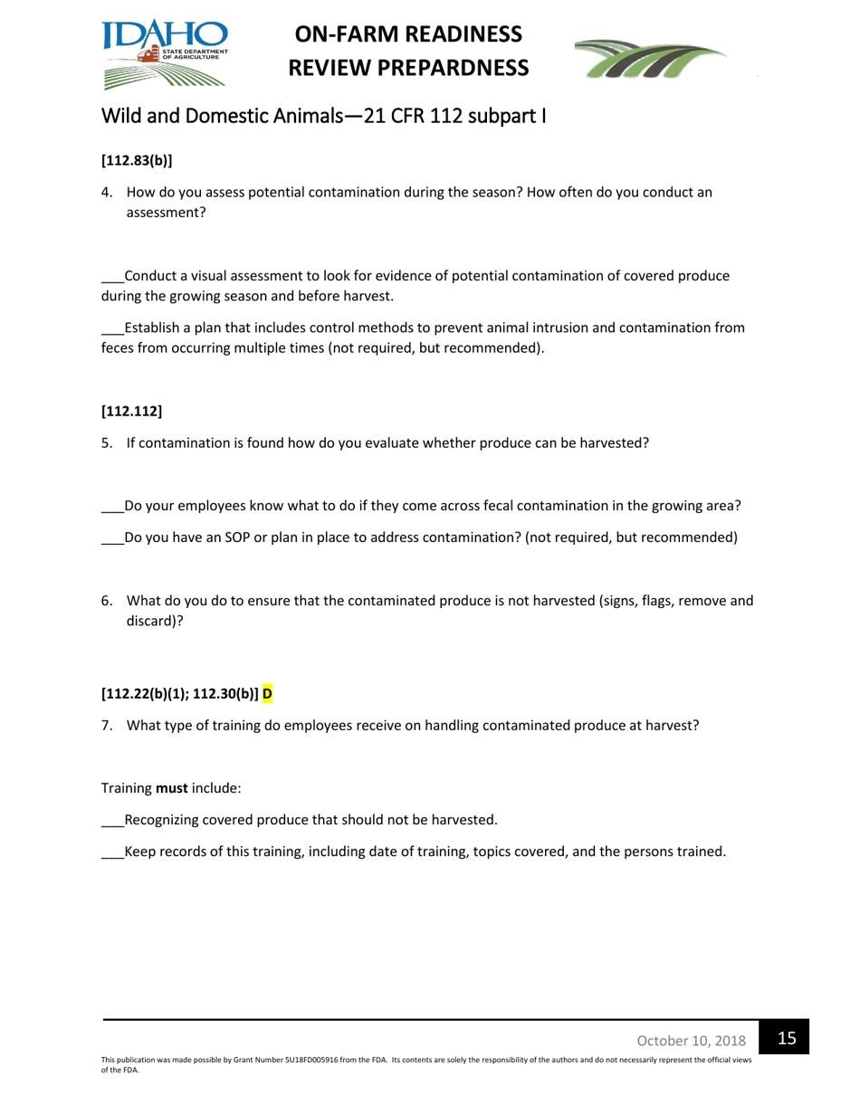 On-Farm Readiness Review Preparedness Worksheet - Idaho, Page 15