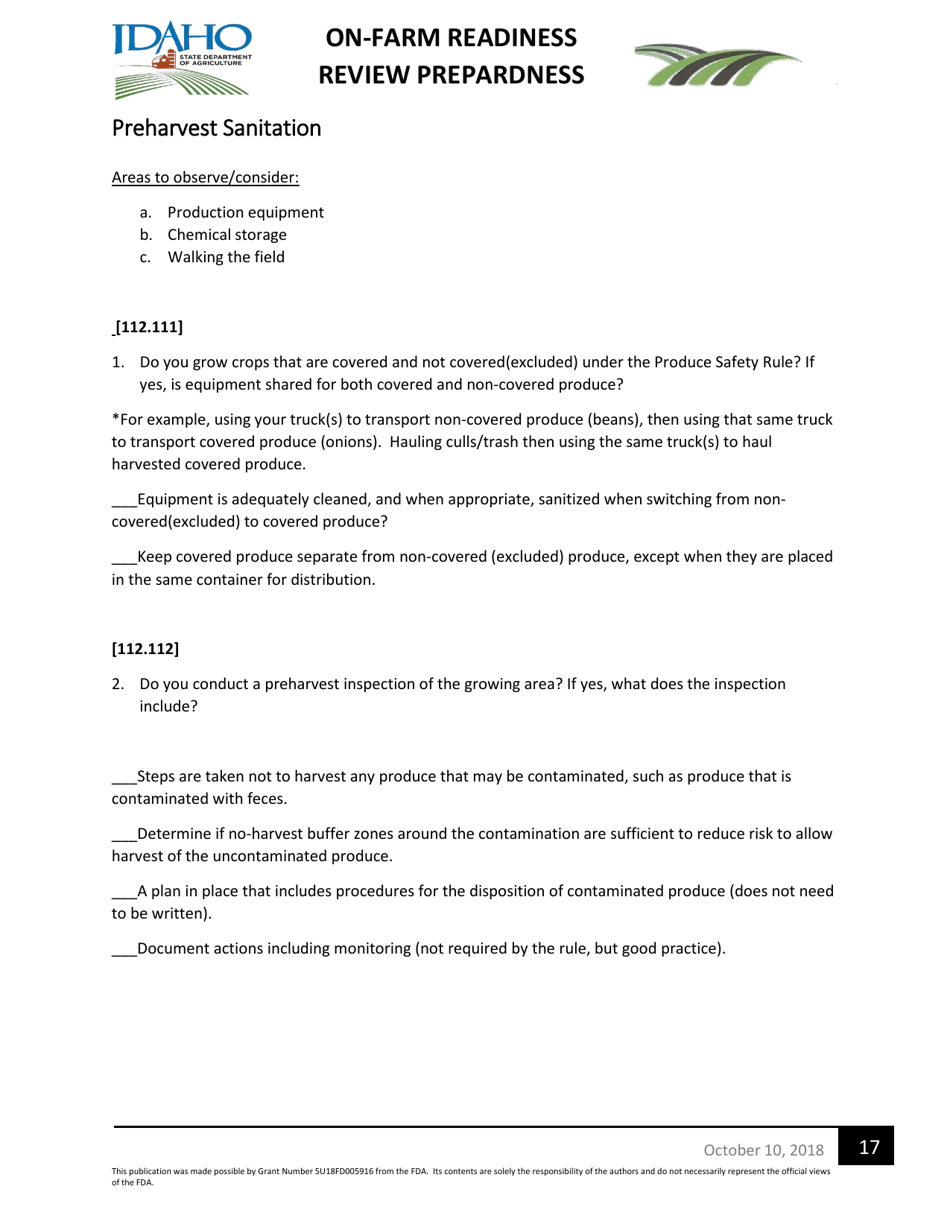 On-Farm Readiness Review Preparedness Worksheet - Idaho, Page 17
