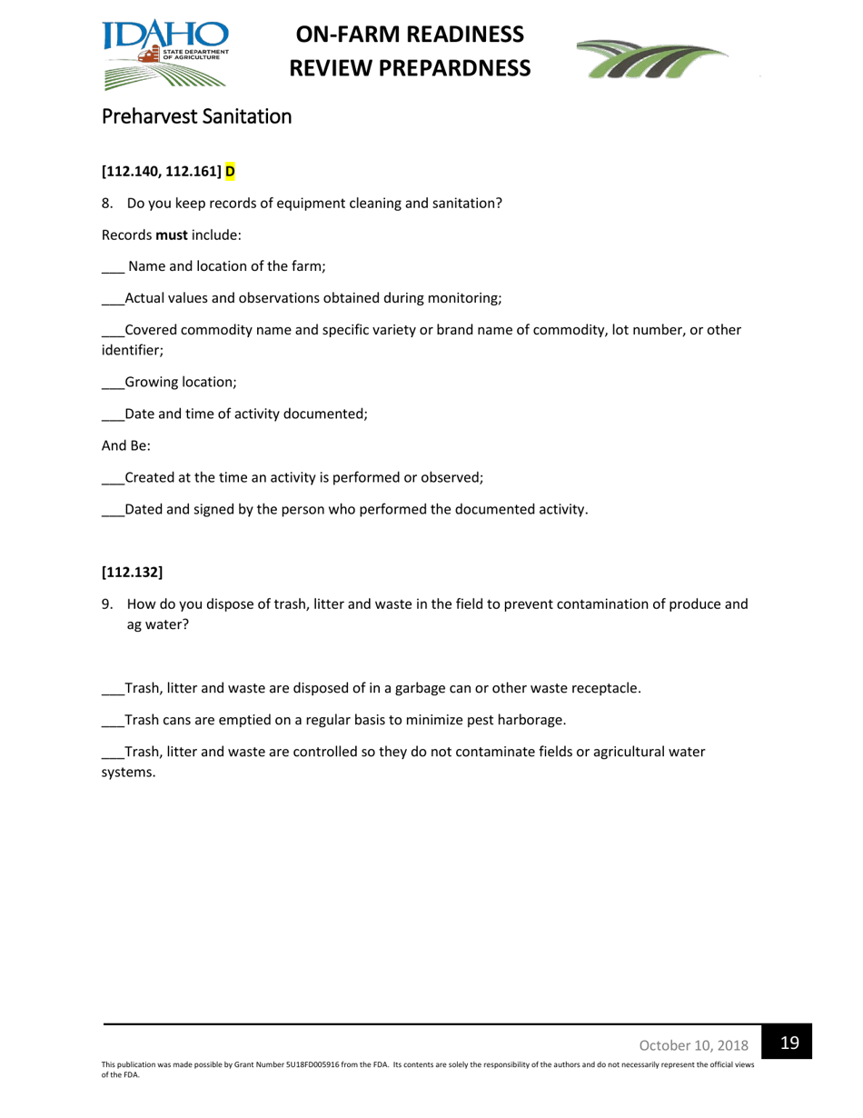 On-Farm Readiness Review Preparedness Worksheet - Idaho, Page 19