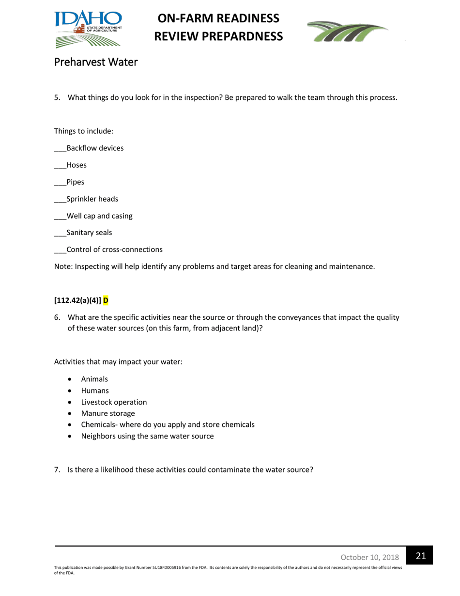 On-Farm Readiness Review Preparedness Worksheet - Idaho, Page 21