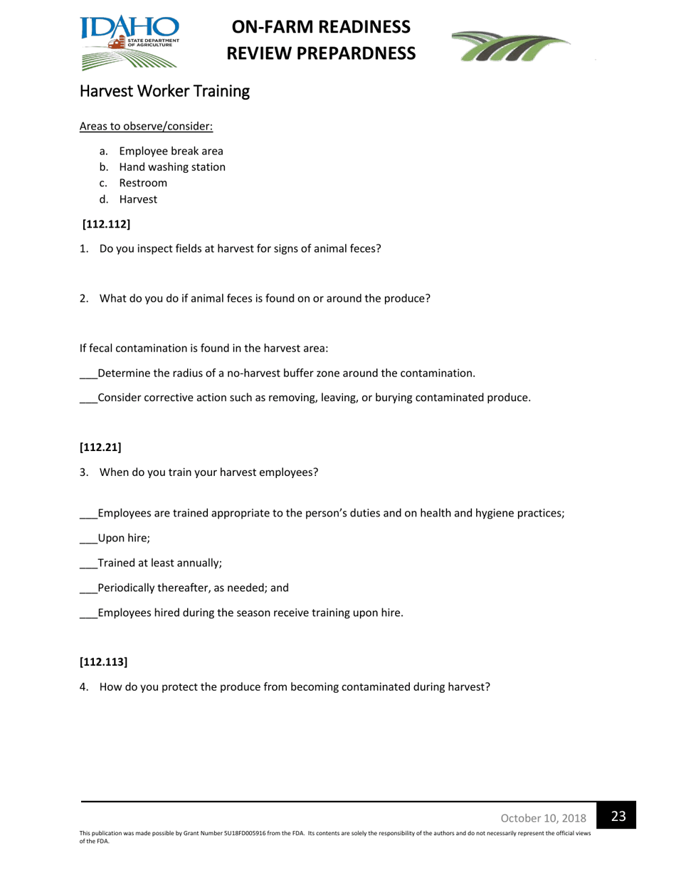 On-Farm Readiness Review Preparedness Worksheet - Idaho, Page 23
