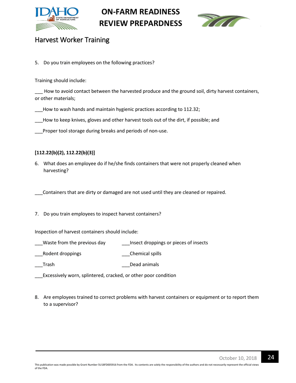 On-Farm Readiness Review Preparedness Worksheet - Idaho, Page 24