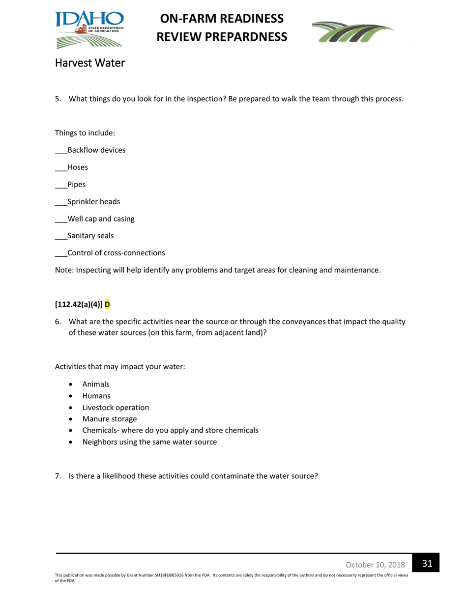 On-Farm Readiness Review Preparedness Worksheet - Idaho, Page 31
