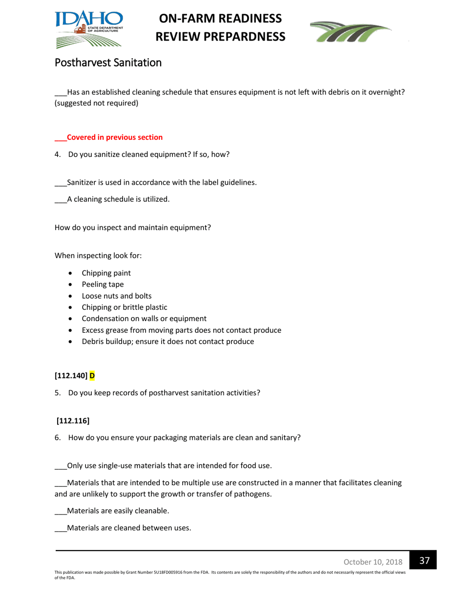 On-Farm Readiness Review Preparedness Worksheet - Idaho, Page 37