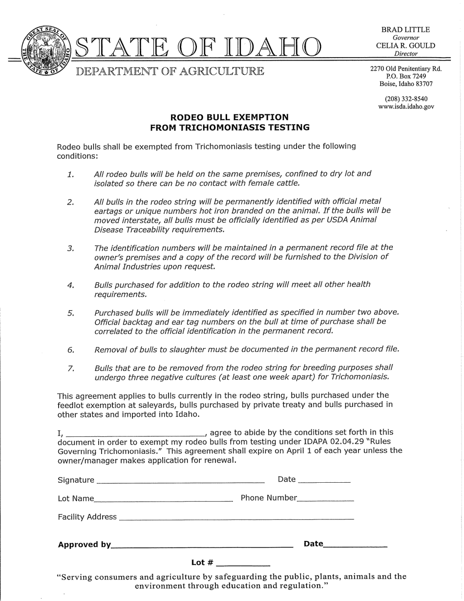 Rodeo Bull Exemption From Trichomoniasis Testing - Idaho, Page 1