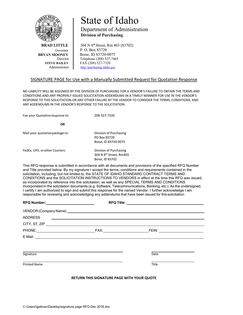 Signature Page for Use With a Manually Submitted Request for Quotation Response - Idaho, Page 1