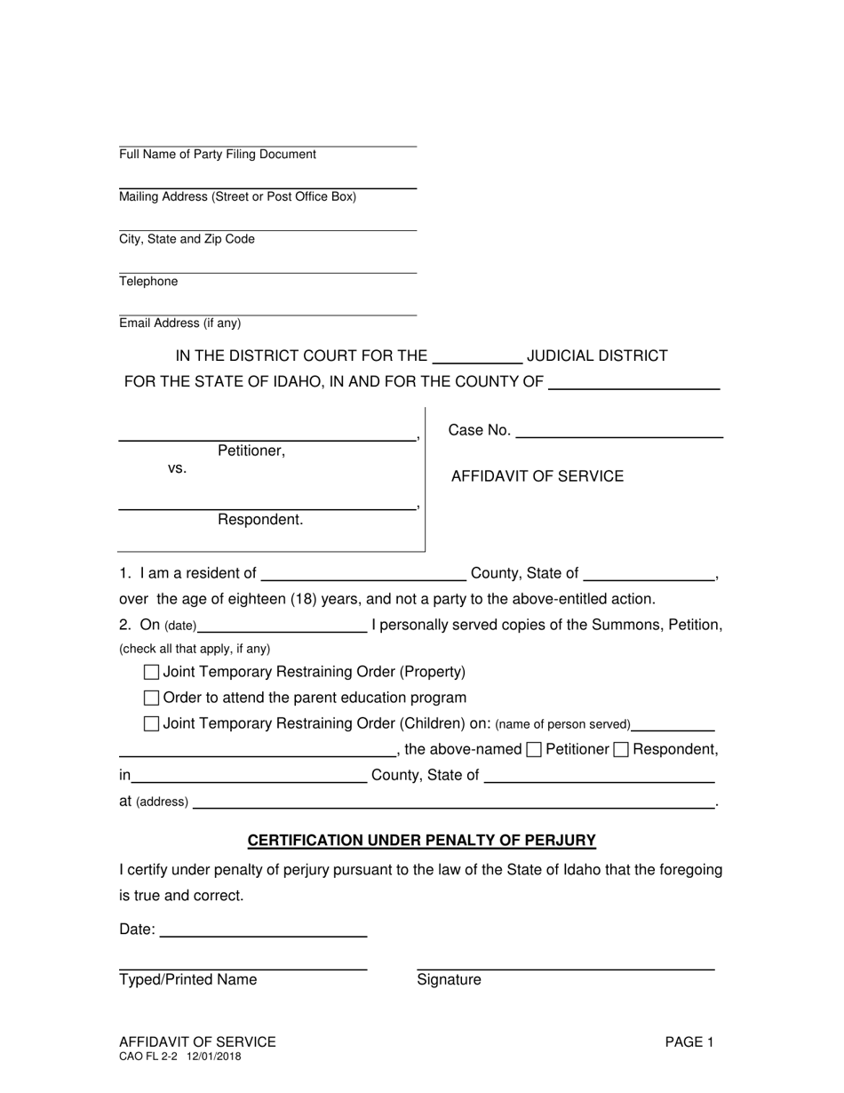 Form CAO FL2-2 Affidavit of Service - Idaho, Page 1