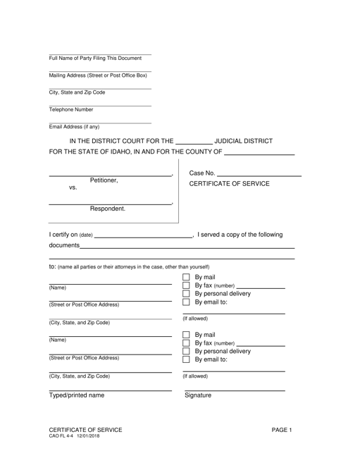 Form CAO FL4-4 Certificate of Service - Idaho