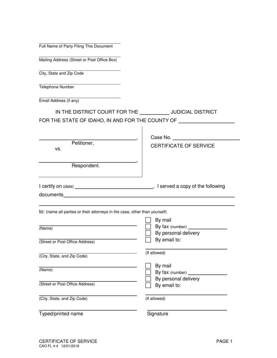 Form CAO FL4-4 Certificate of Service - Idaho, Page 1
