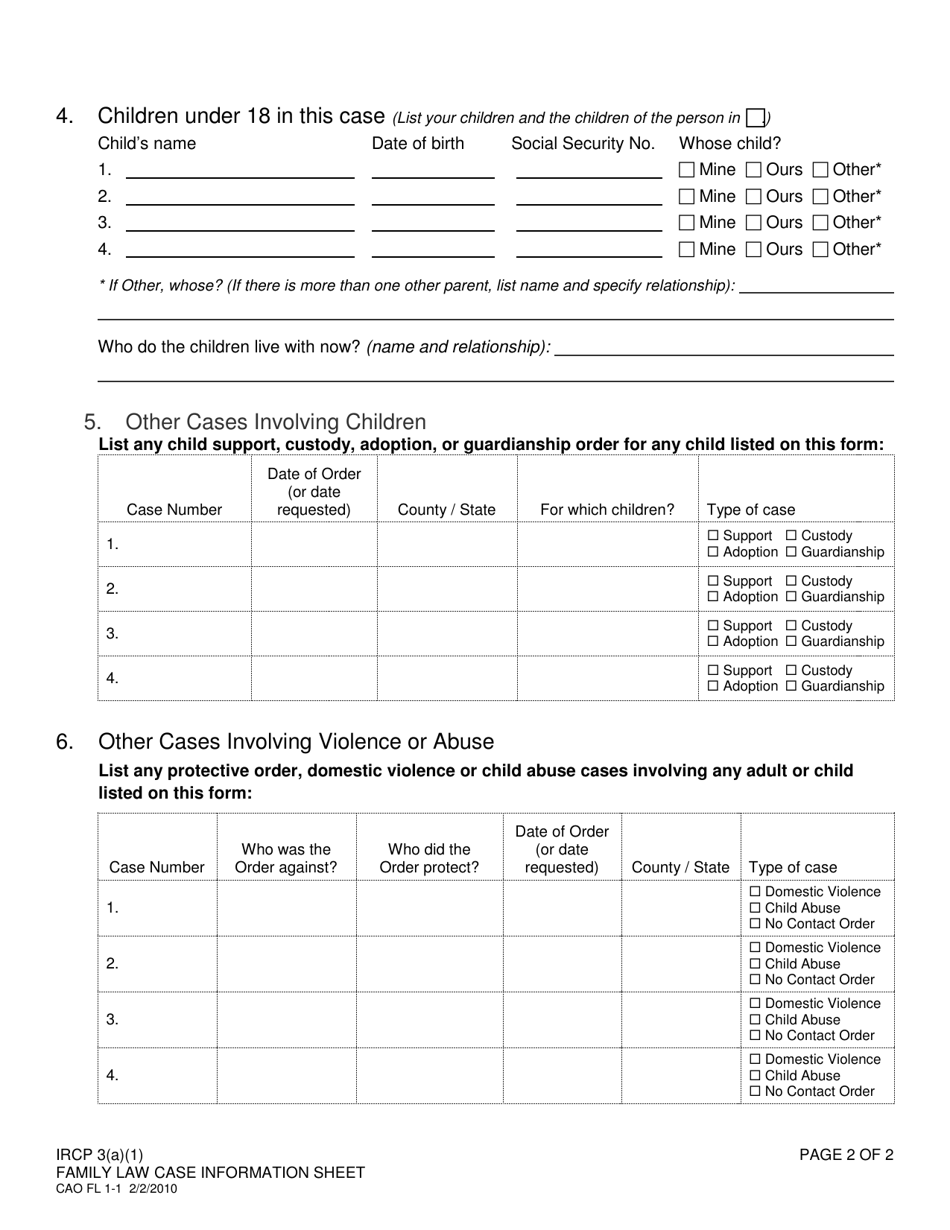 Form CAO FL1-1 Family Law Case Information Sheet - Idaho, Page 2