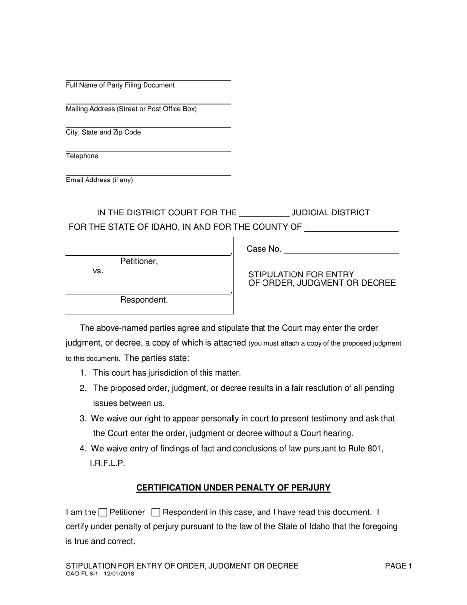 Form CAO FL6-1 Stipulation for Entry of Order, Judgment or Decree - Idaho, Page 1