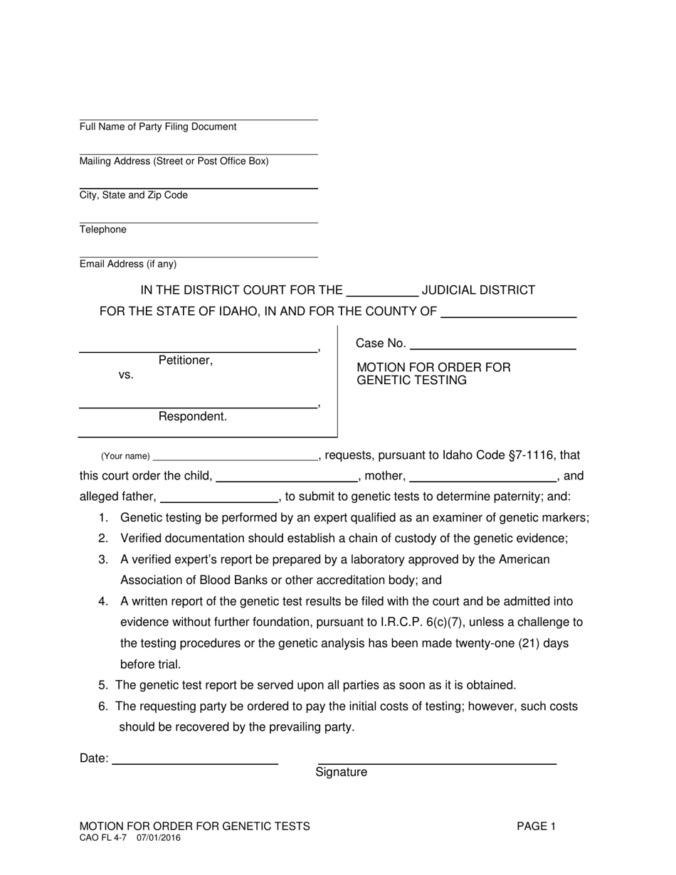 Form CAO FL4-7 Motion for Order for Genetic Testing - Idaho, Page 1