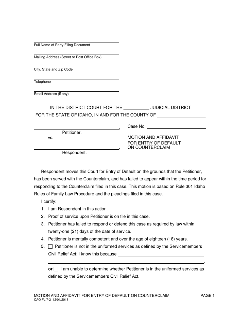 Form CAO FL7-2 Motion and Affidavit for Entry of Default on Counterclaim - Idaho, Page 1