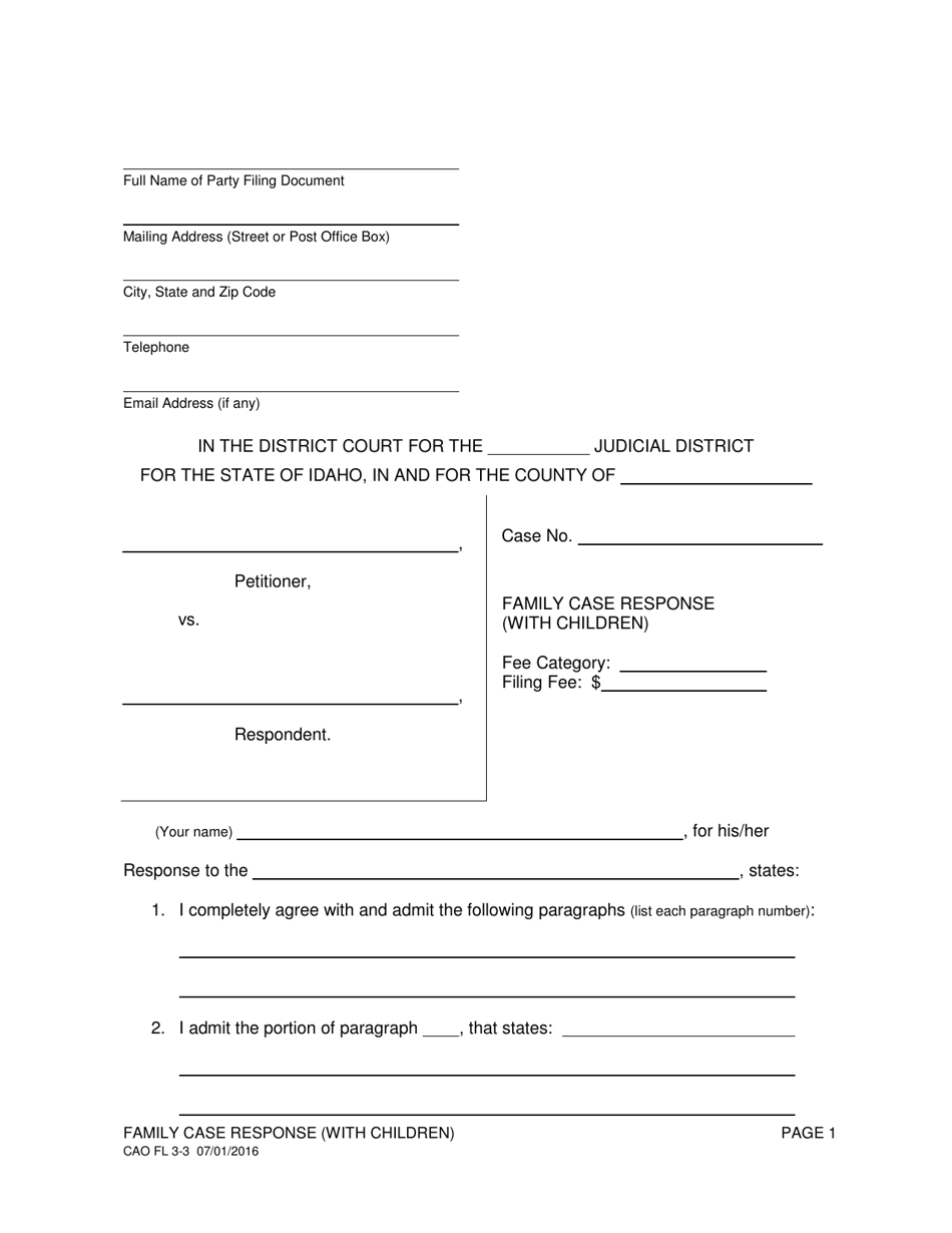 Form CAO FL3-3 Family Case Response (With Children) - Idaho, Page 1