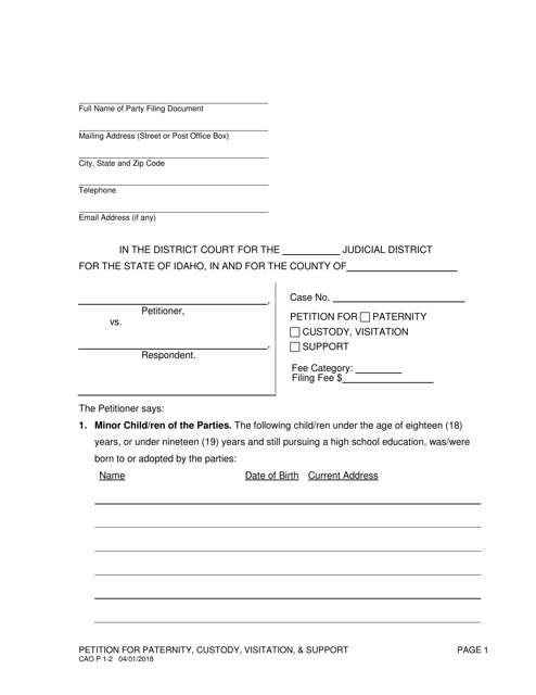 Form CAO P1-2 Petition for Paternity/Custody, Visitation/Support - Idaho