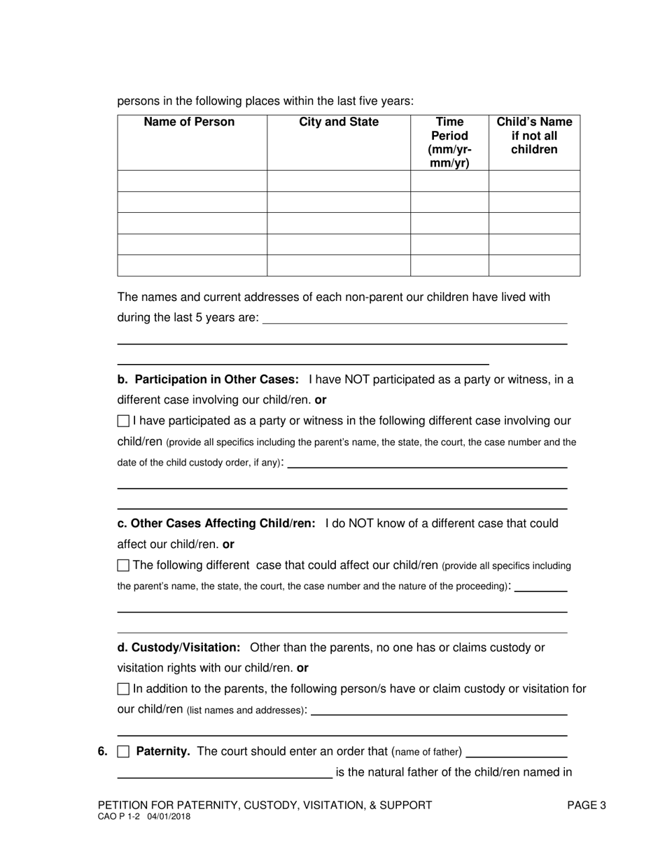 Form CAO P1-2 Petition for Paternity / Custody, Visitation / Support - Idaho, Page 3