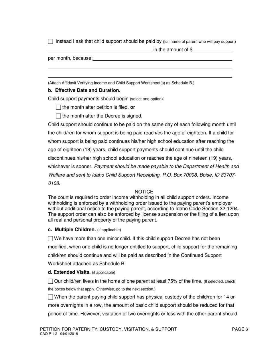 Form CAO P1-2 Petition for Paternity / Custody, Visitation / Support - Idaho, Page 6