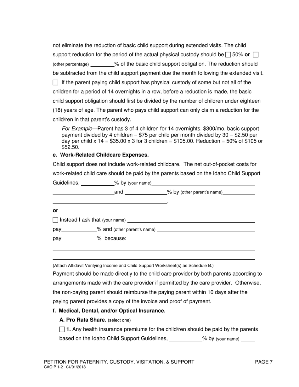 Form CAO P1-2 Petition for Paternity / Custody, Visitation / Support - Idaho, Page 7