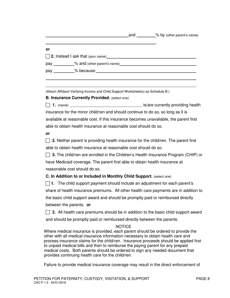 Form CAO P1-2 Petition for Paternity / Custody, Visitation / Support - Idaho, Page 8