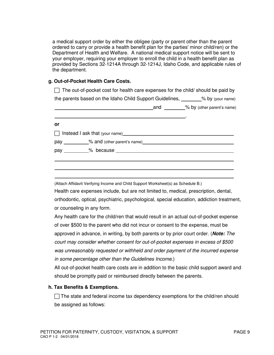 Form CAO P1-2 Petition for Paternity / Custody, Visitation / Support - Idaho, Page 9
