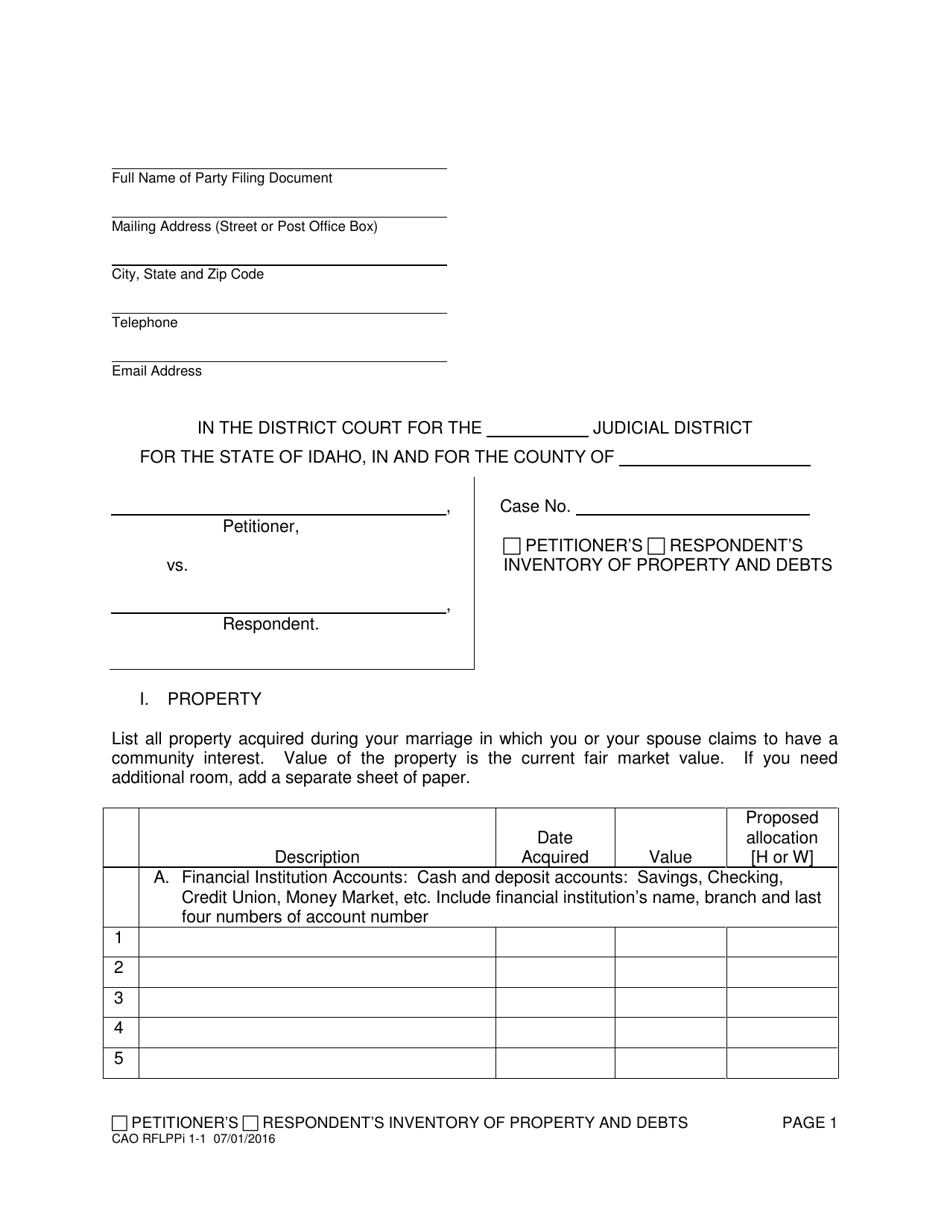 Form CAO RFLPPi1-1 Petitioners / Respondents Inventory of Property and Debts - Idaho, Page 1