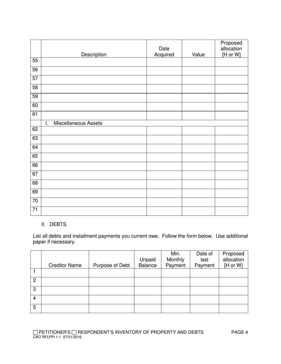 Form CAO RFLPPi1-1 Petitioners / Respondents Inventory of Property and Debts - Idaho, Page 4