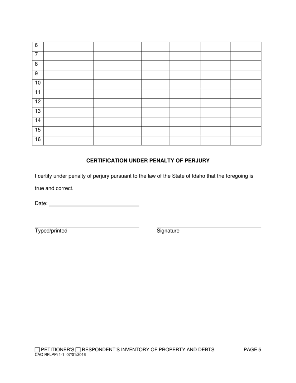 Form CAO RFLPPi1-1 Petitioners / Respondents Inventory of Property and Debts - Idaho, Page 5
