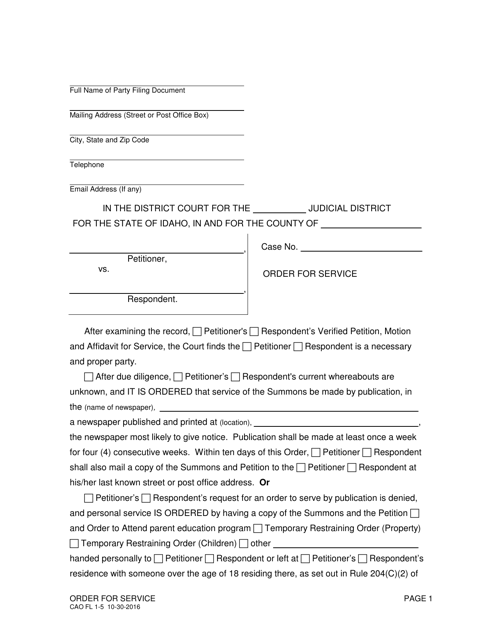 Form CAO FL1-5 Order for Service - Idaho