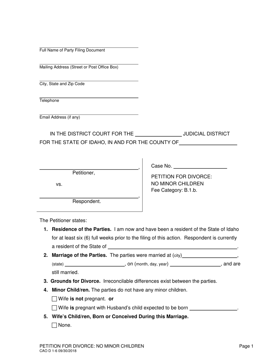 Form CAO D1-6 Petition for Divorce: No Minor Children - Idaho, Page 1