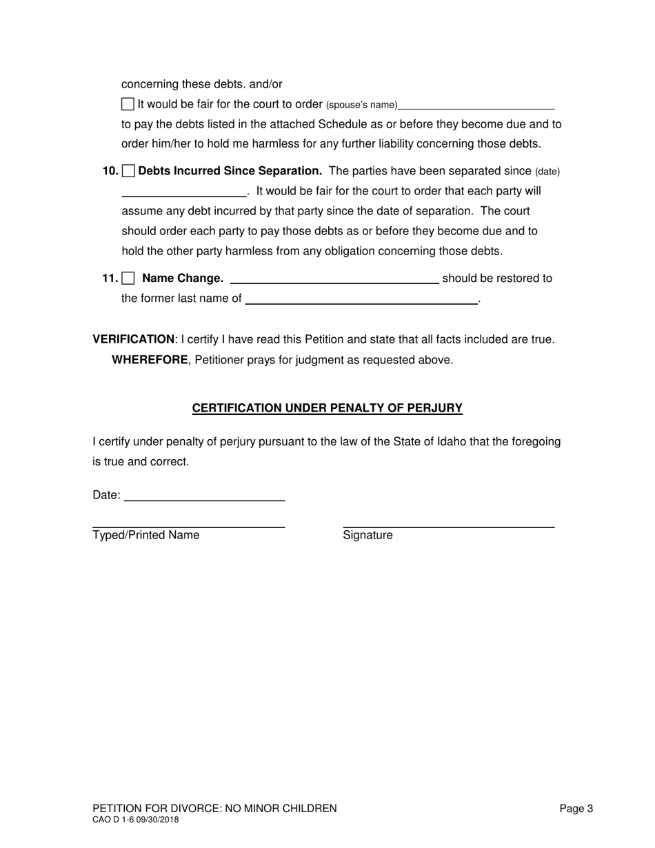 Form CAO D1-6 Petition for Divorce: No Minor Children - Idaho, Page 3