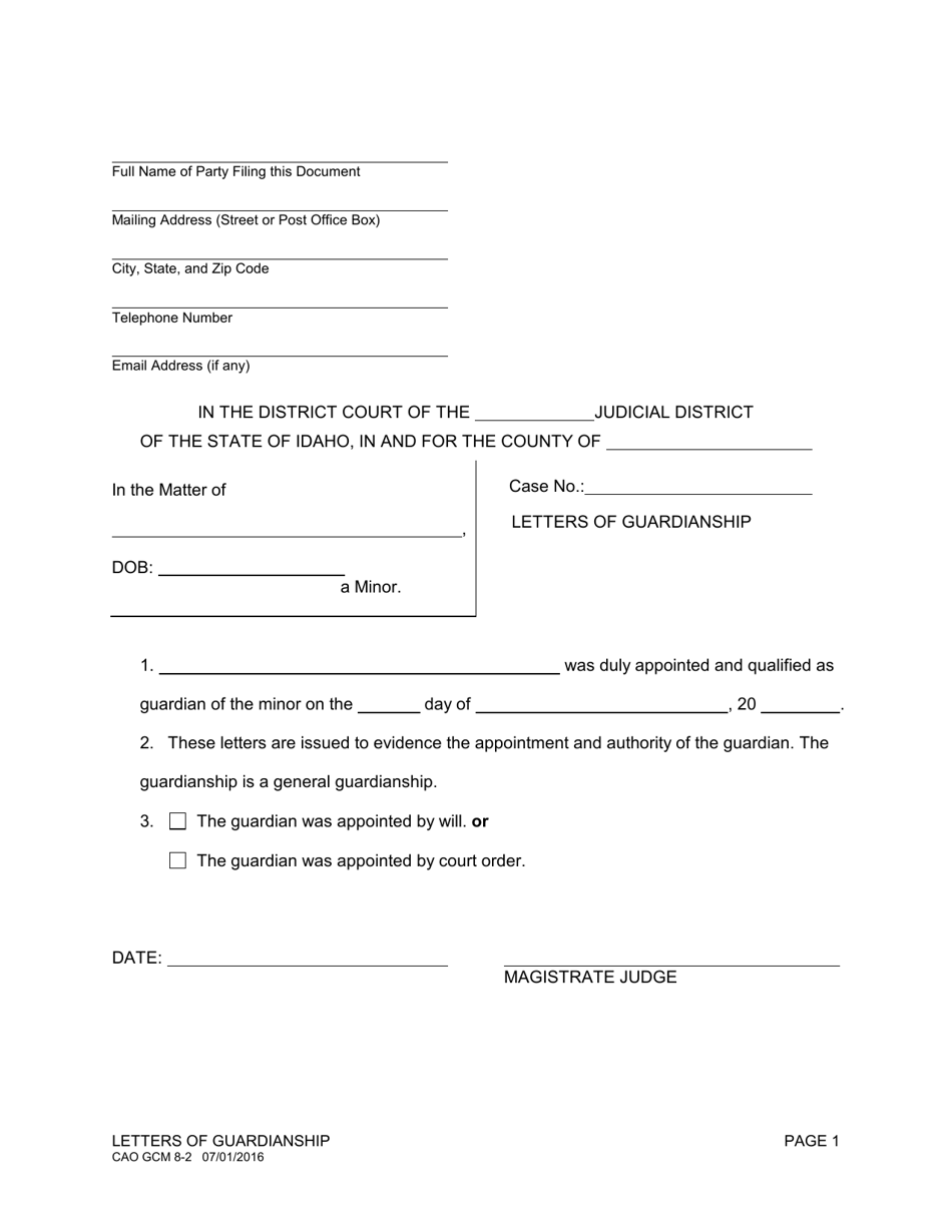 Form CAO GCM8-2 Letters of Guardianship - Idaho, Page 1