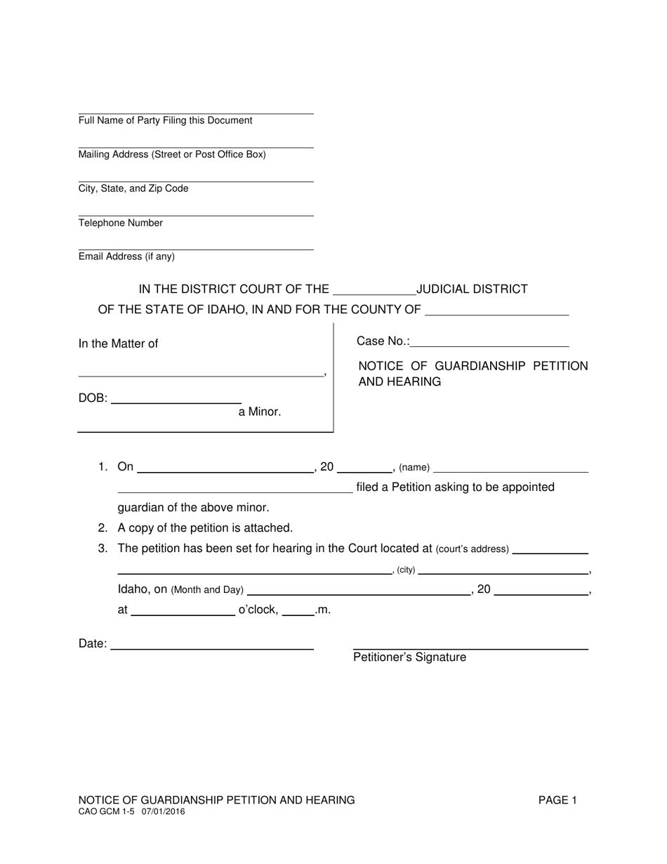 Form CAO GCM1-5 Notice of Guardianship Petition and Hearing - Idaho, Page 1