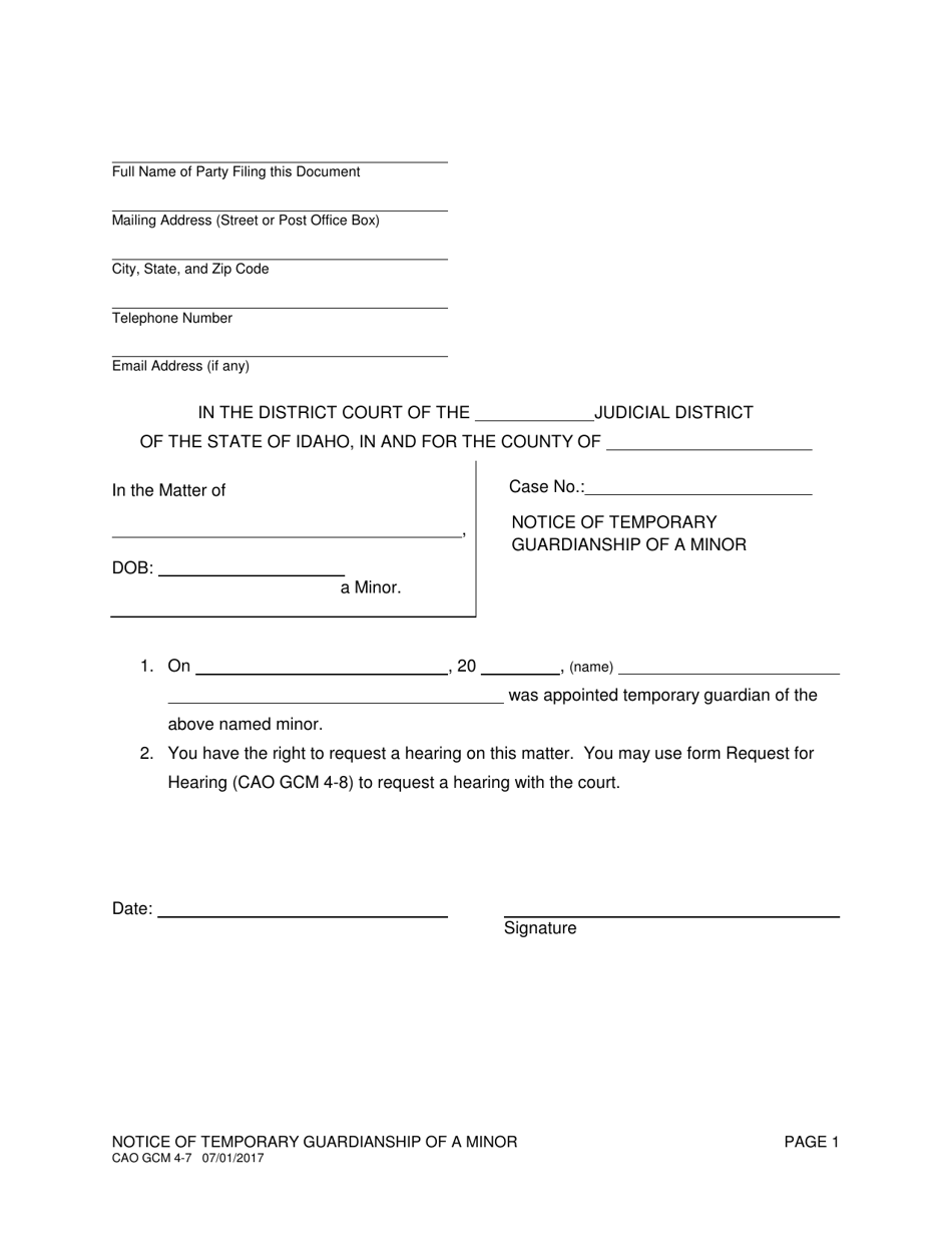 Form CAO GCM4-7 Notice of Temporary Guardianship of a Minor - Idaho, Page 1