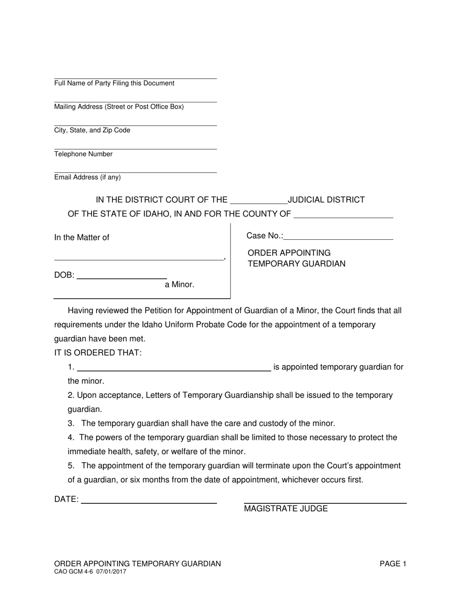 Form CAO GCM4-6 Order Appointing Temporary Guardian - Idaho, Page 1