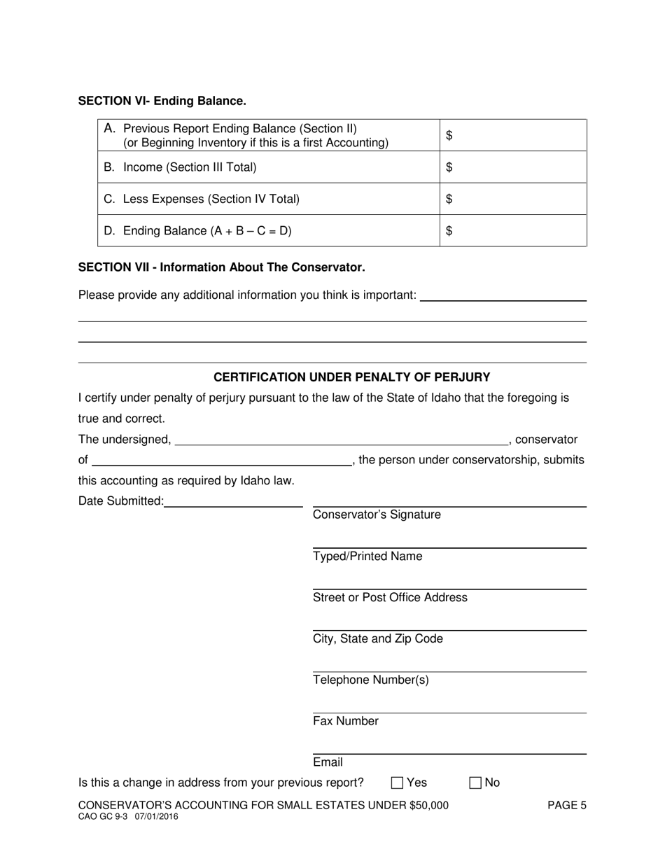 Form CAO GC9-3 Conservators Accounting for Small Estates Under $50,000 - Idaho, Page 5