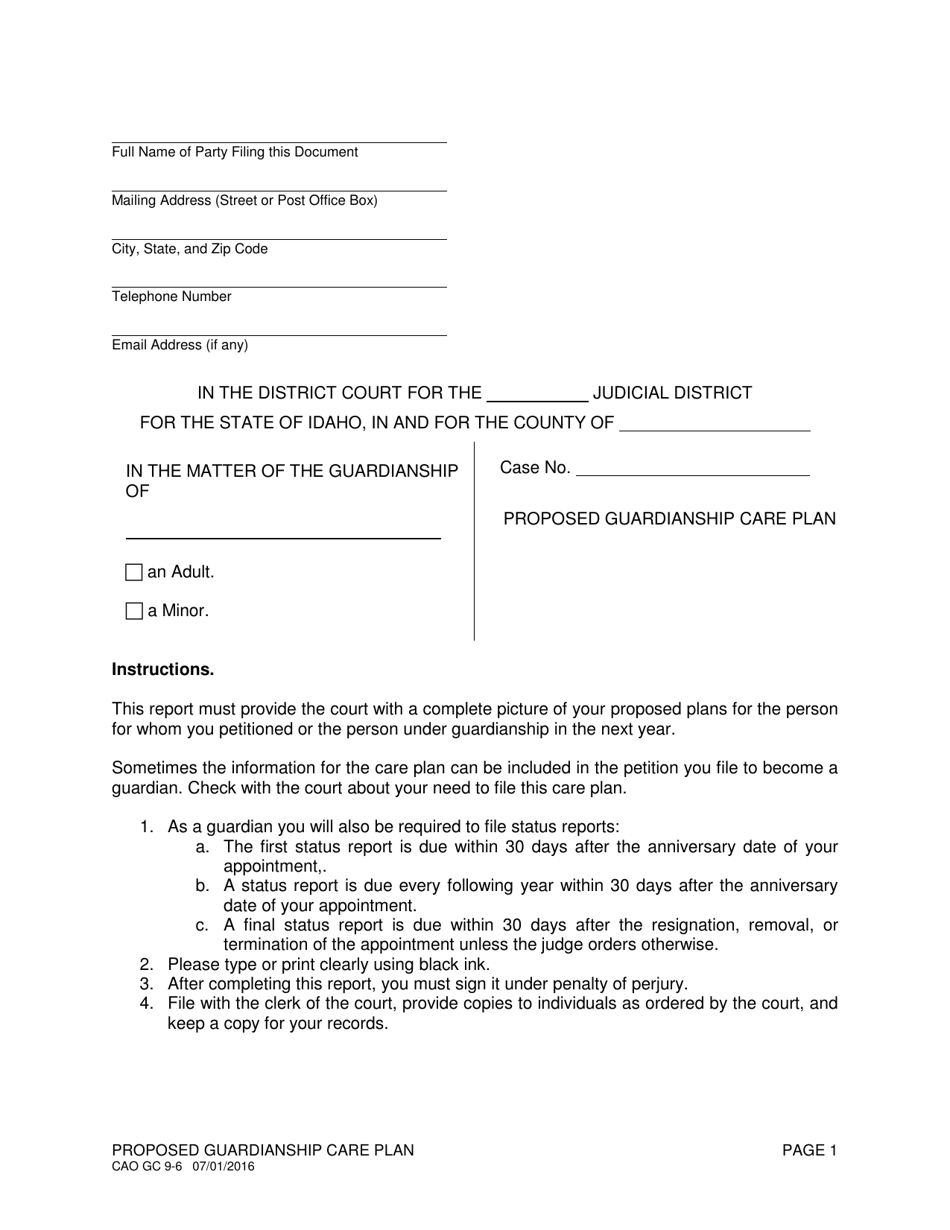 Form CAO GC9-6 Proposed Guardianship Care Plan - Idaho, Page 1