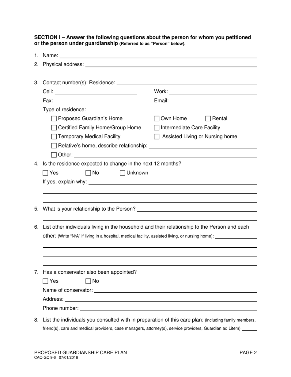 Form CAO GC9-6 Proposed Guardianship Care Plan - Idaho, Page 2