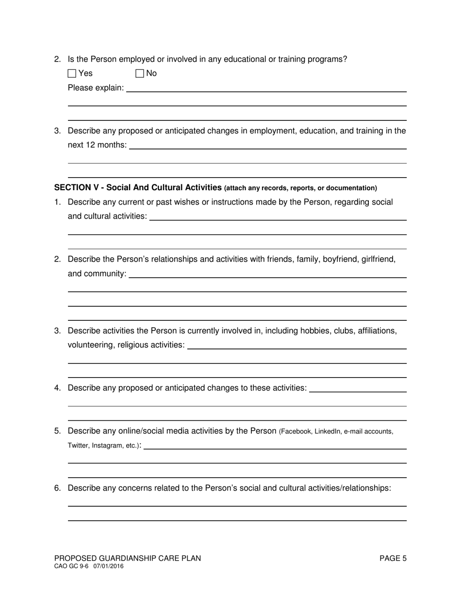 Form CAO GC9-6 Proposed Guardianship Care Plan - Idaho, Page 5