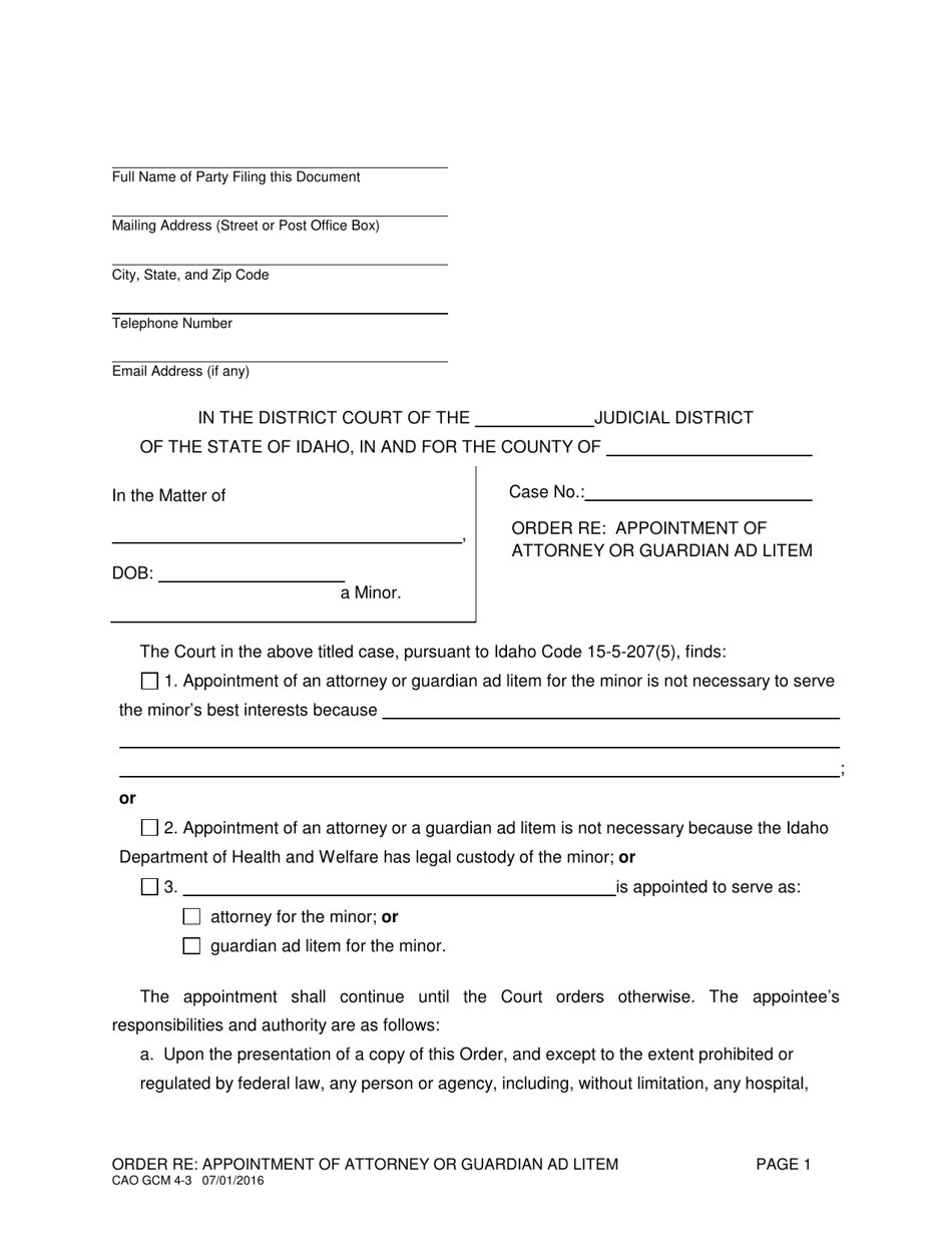 Form CAO GCM4-3 Order Re: Appointment of Attorney or Guardian Ad Litem - Idaho, Page 1