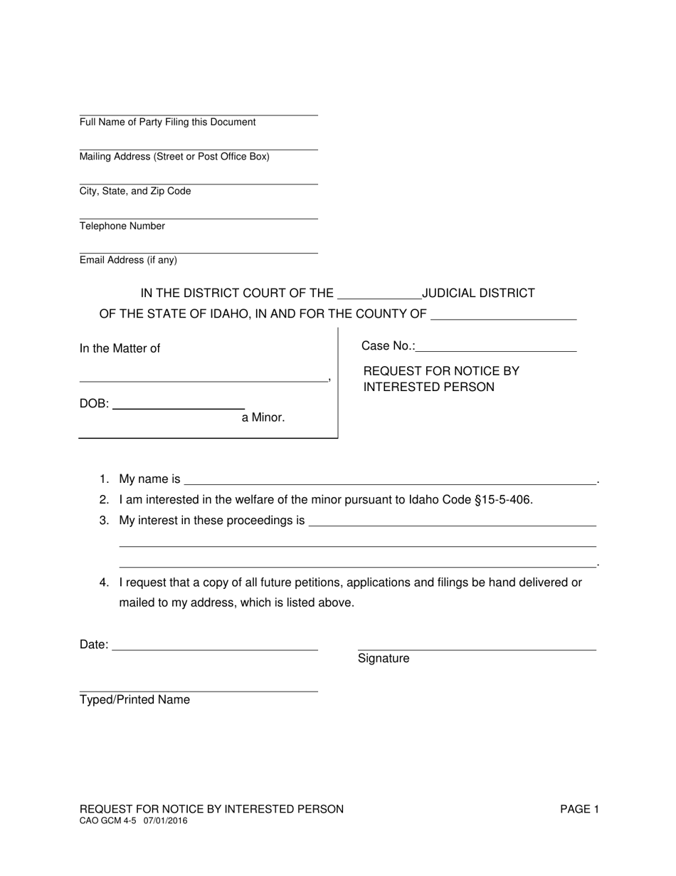 Form CAO GCM4-5 Request for Notice by Interested Person - Idaho, Page 1