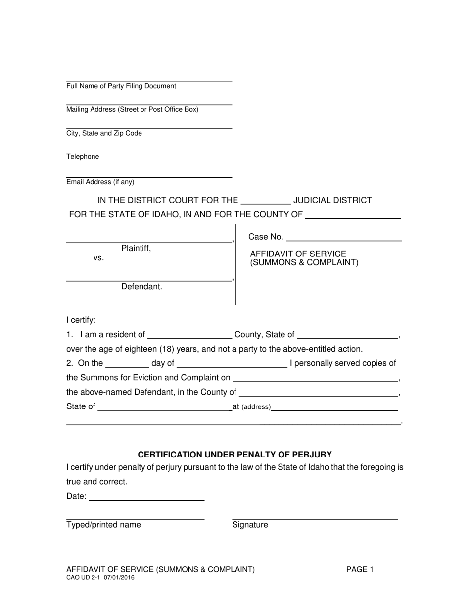 Form CAO UD2-1 Affidavit of Service (Summons  Complaint) - Idaho, Page 1