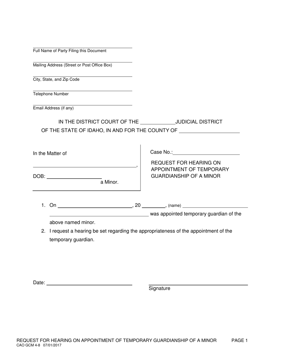 Form CAO GCM4-8 Request for Hearing on Appointment of Temporary Guardianship of a Minor - Idaho, Page 1