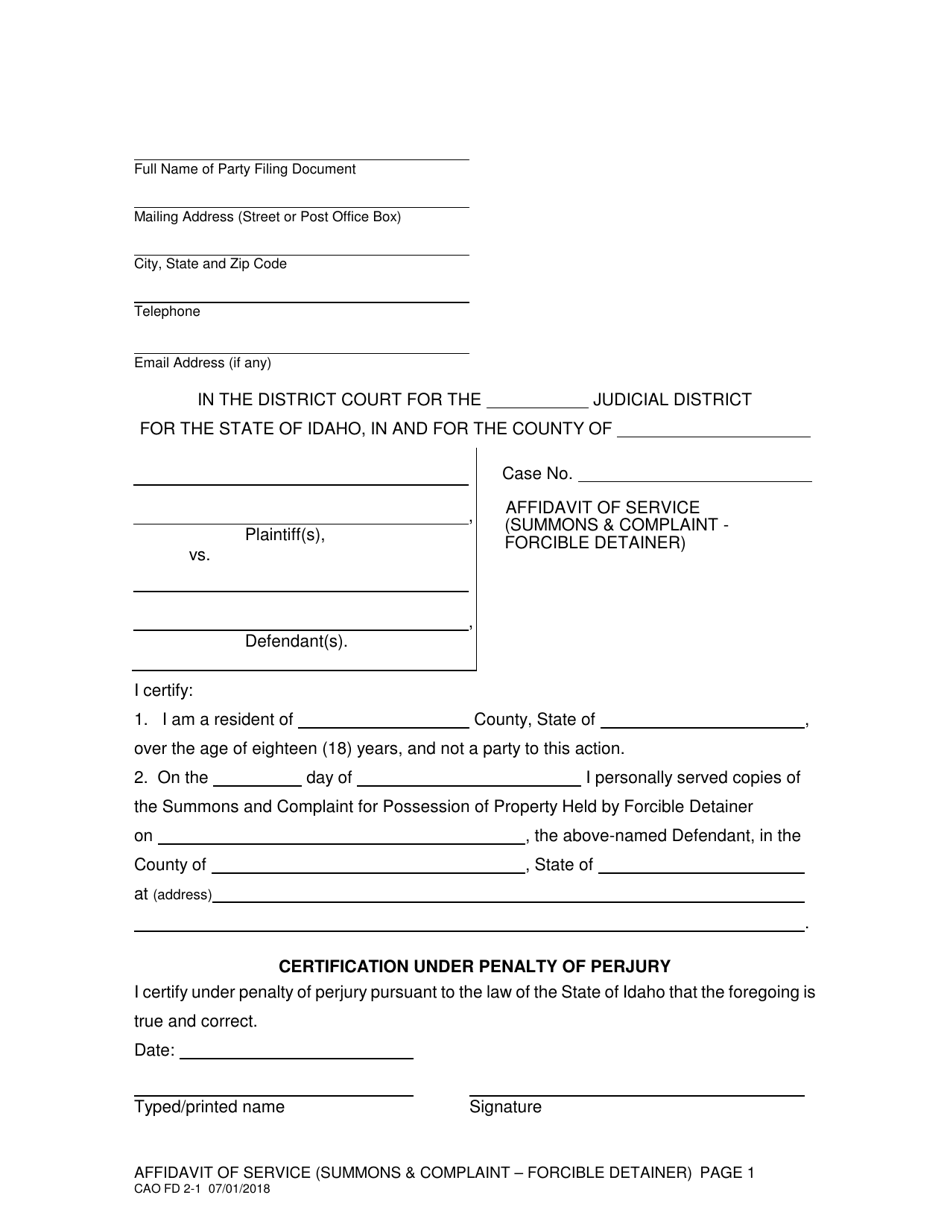 Form CAO FD2-1 Download Printable PDF or Fill Online Affidavit of ...